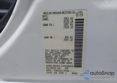 2019 Nissan Altima 2.5 S z USA, uszkodzony, nr VIN 1N4BL4BV1KC244800